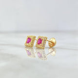Stud Earrings Square Halo 1.35gr / 7mm White Zircons - Fuchsia 18K Yellow Gold *