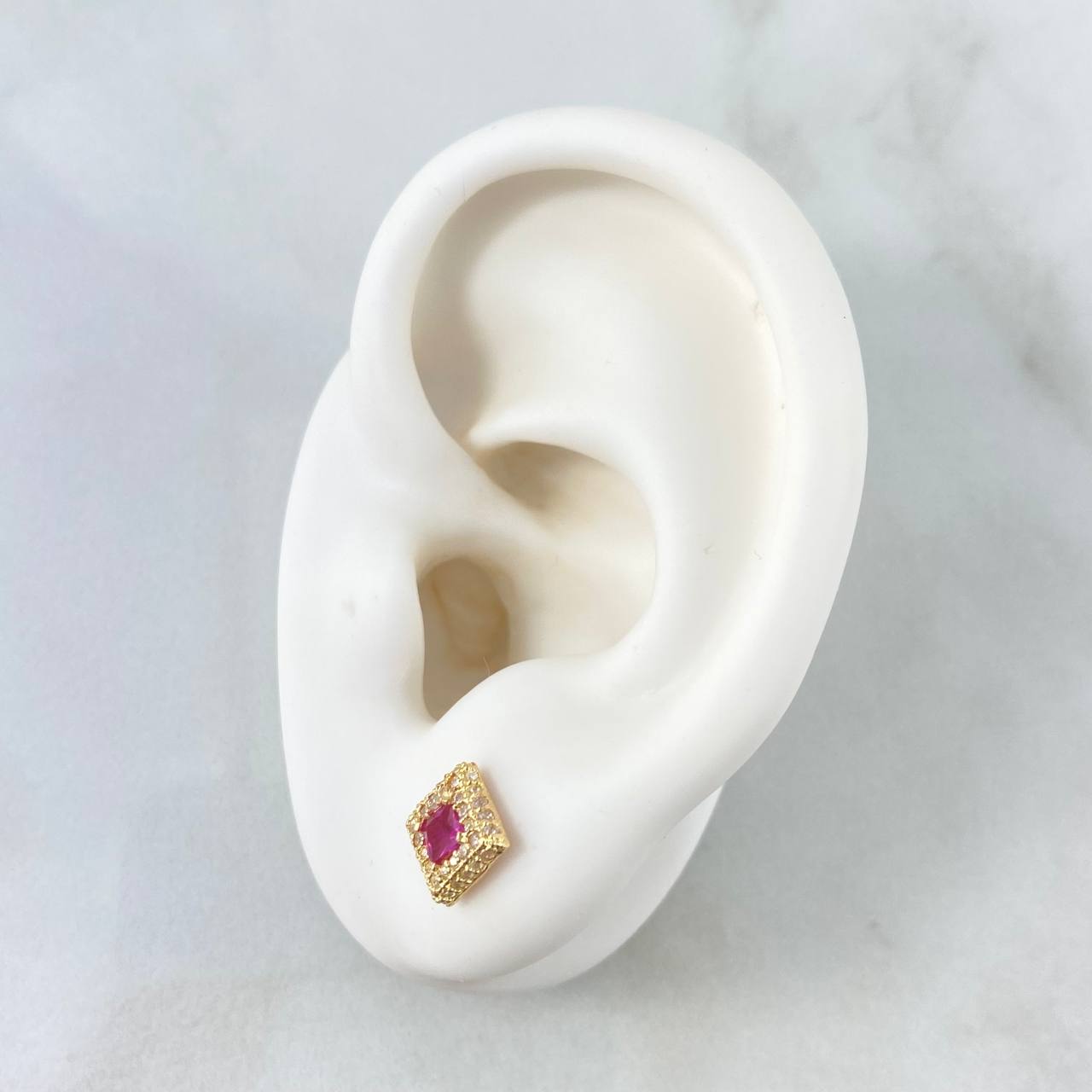 Stud Earrings Square Halo 1.35gr / 7mm White Zircons - Fuchsia 18K Yellow Gold *