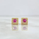 Stud Earrings Square Halo 1.35gr / 7mm White Zircons - Fuchsia 18K Yellow Gold *