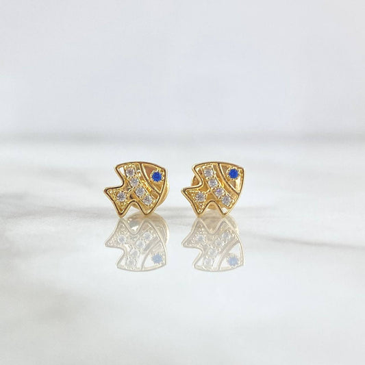 Stud Earrings Fish 0.8gr / 7mm White Zircons - Blue Eyes 18K Yellow Gold