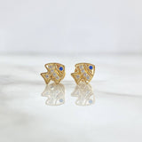 Stud Earrings Fish 0.8gr / 7mm White Zircons - Blue Eyes 18K Yellow Gold