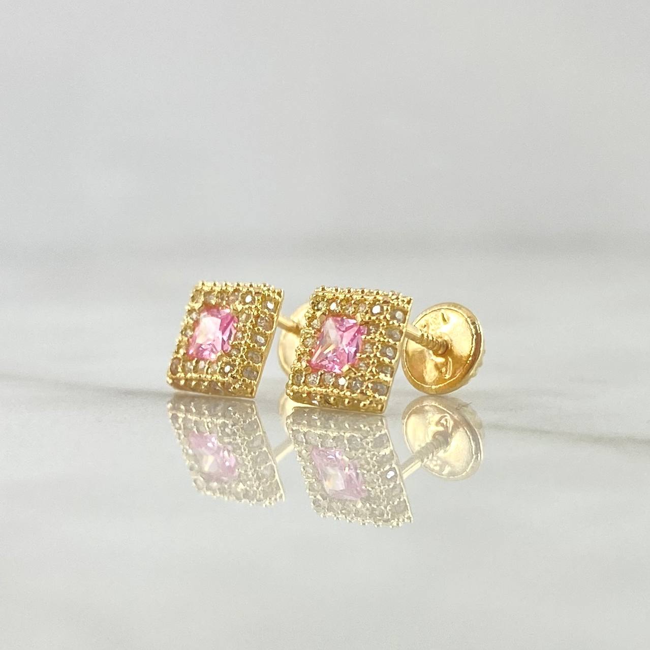 Stud Earrings Square Halo 1.4gr / 7mm White Zircons - 18K Yellow Gold Roses