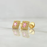 Stud Earrings Square Halo 1.4gr / 7mm White Zircons - 18K Yellow Gold Roses