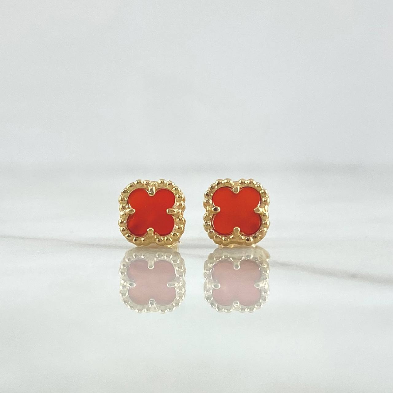 Stud Earrings Clover VCyA 2.15gr / 7mm Red Amber Dotted Yellow Gold Nac.Esp. 18K *