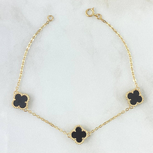 Pulso Aro seguido Trebol Onix Negro 4.05gr / 7 in / 10mm Oro Amarillo Nac.Esp. 18K