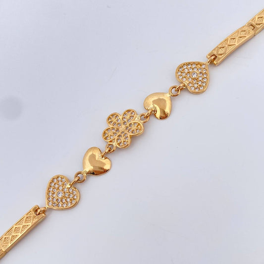 Pulso Reticulado Flor Corazones 11.3gr / 7 1/4 in / 4mm Oro Amarillo 18K %