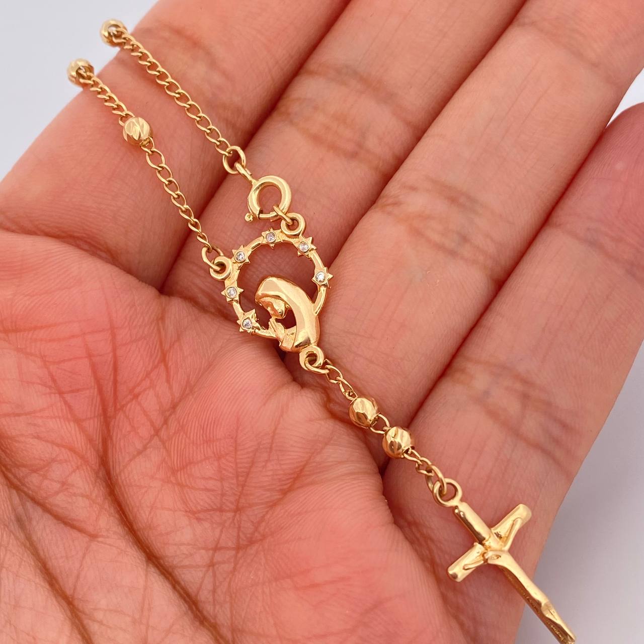 Pulso Denario Virgen Maria Cruz 3.75gr / 7 3/4 in / 1.56mm Oro Amarillo 18K %