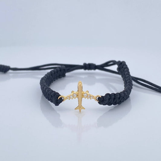 Pulsera Tejida Negra Avión 0.6gr / Oro Amarillo 18K %