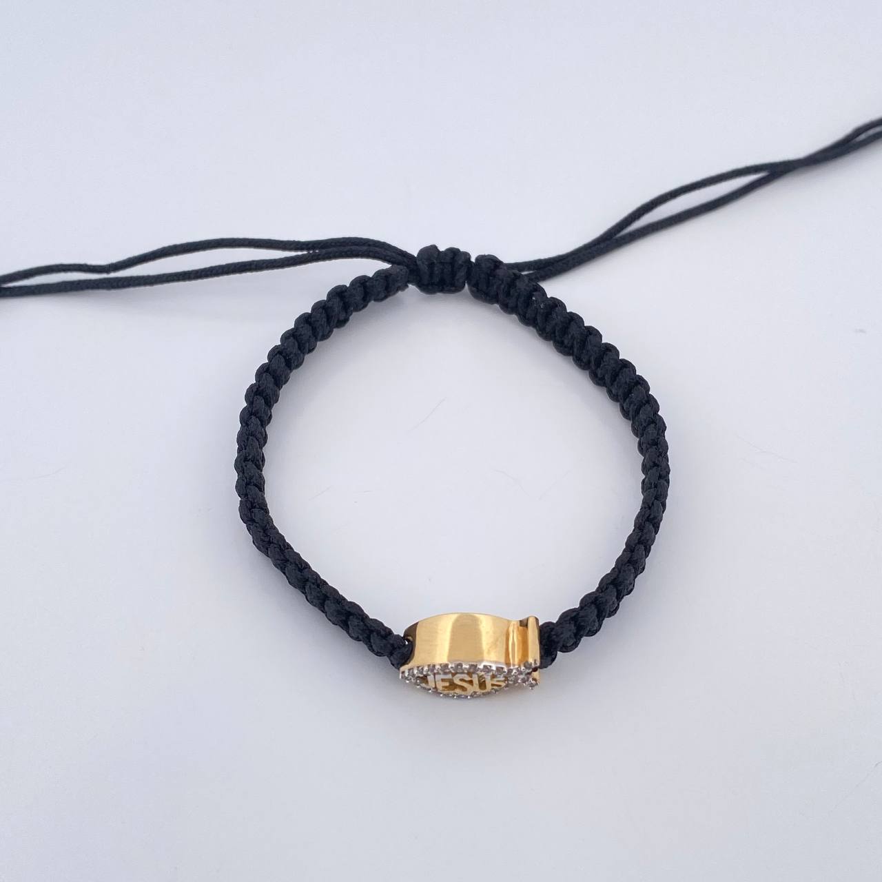 Pulsera Tejida Negra Pez Jesús 1.6gr / Dos Oros Amarillo Blanco 18K %