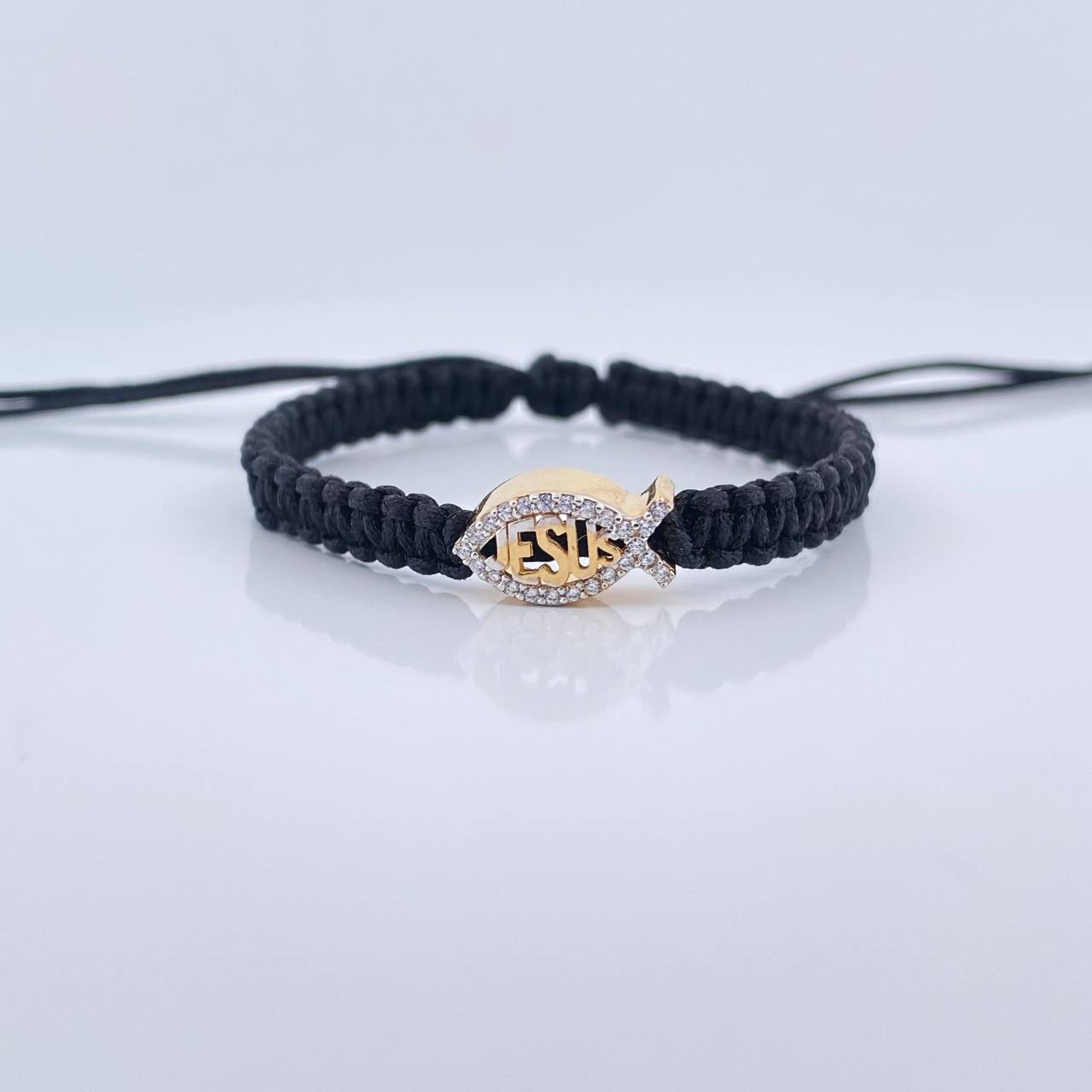 Pulsera Tejida Negra Pez Jesús 1.6gr / Dos Oros Amarillo Blanco 18K %
