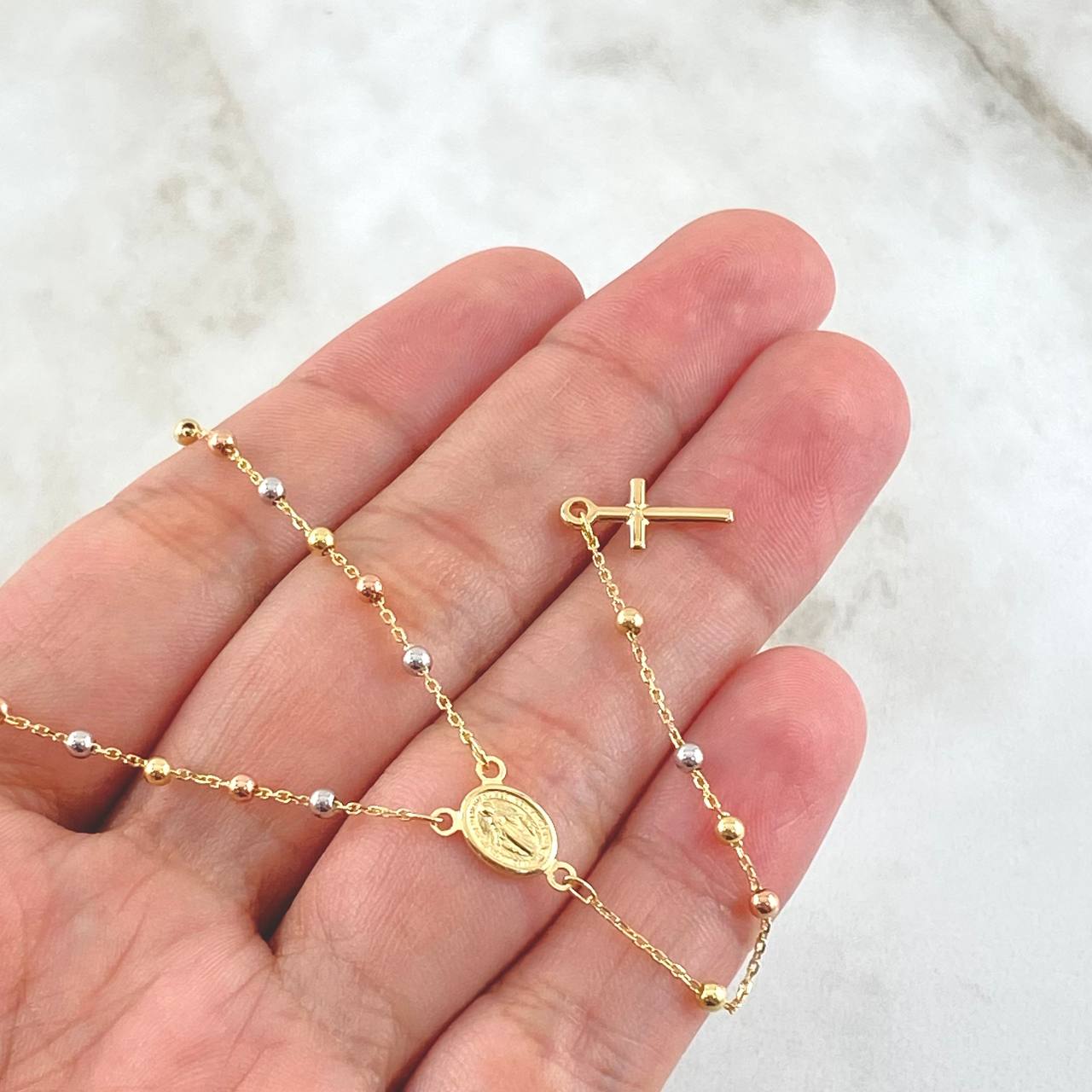 Miraculous Virgin Rosary Polished Cross 3.3gr / 17.7in / Three Golds +4 18K ©