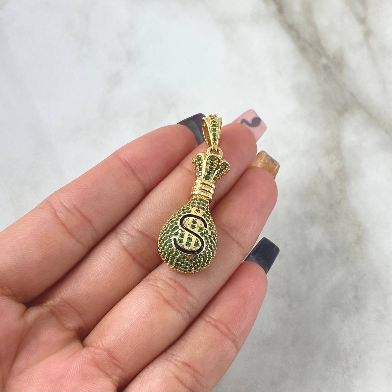 Pendant Money Bag 8.55gr / 4cm / Green Zircons 18K Yellow Gold