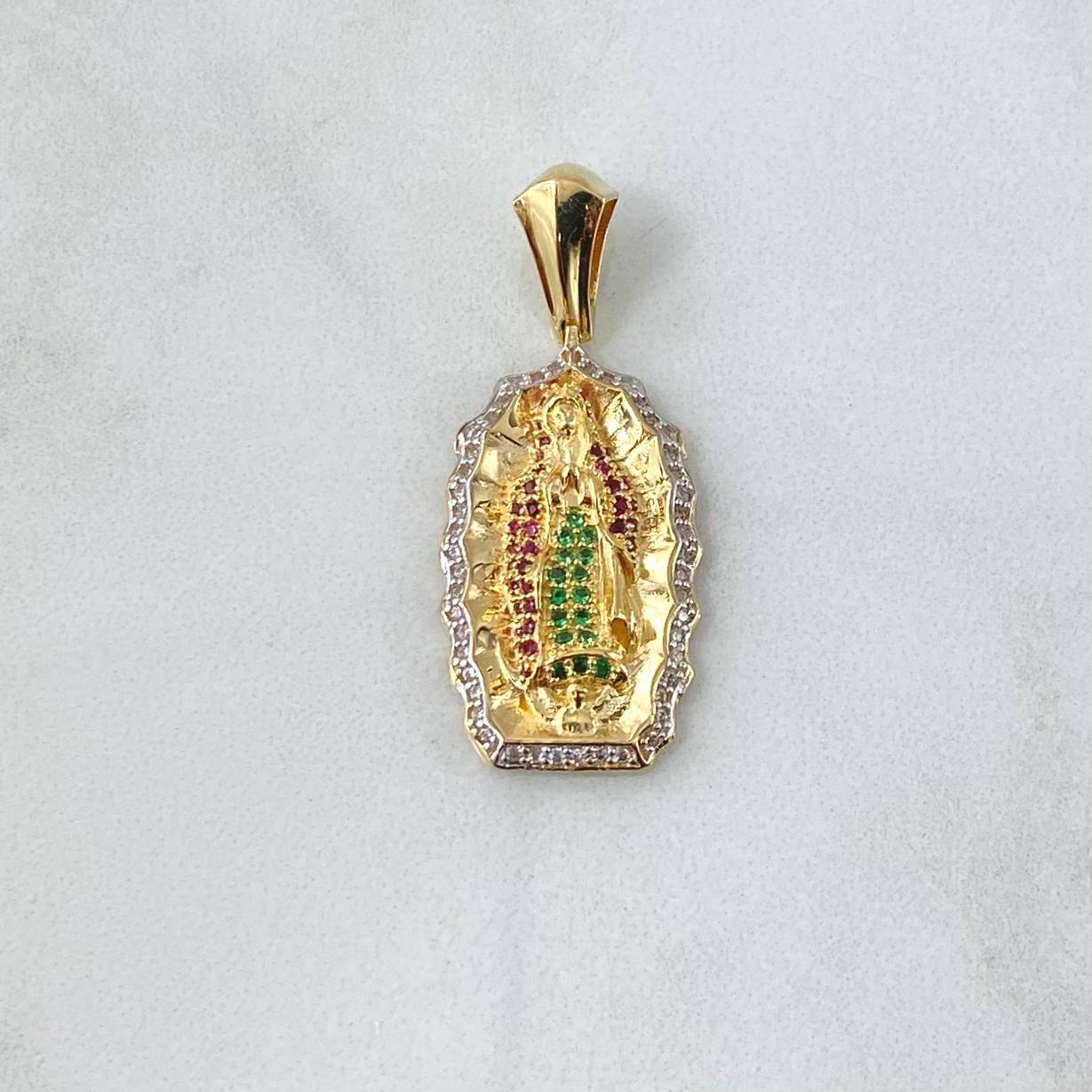 Pendant Virgin Guadalupe 5.7gr / 3.5cm / White Green Fuchsia Zircons 18K Yellow Gold