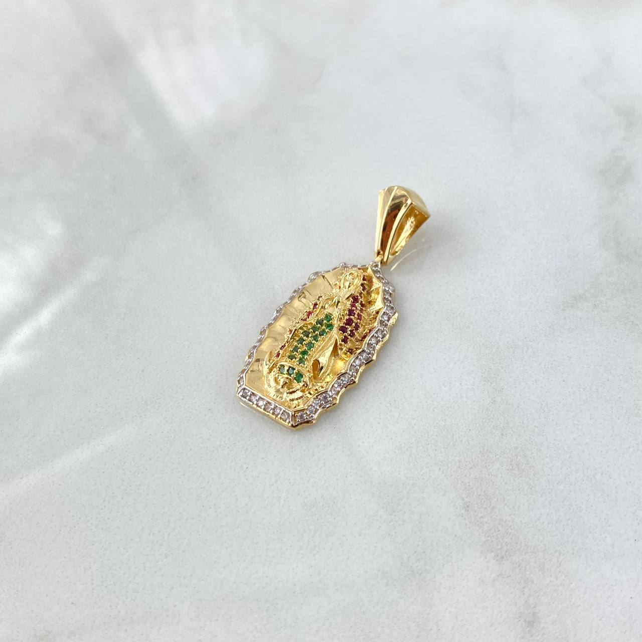 Pendant Virgin Guadalupe 5.7gr / 3.5cm / White Green Fuchsia Zircons 18K Yellow Gold