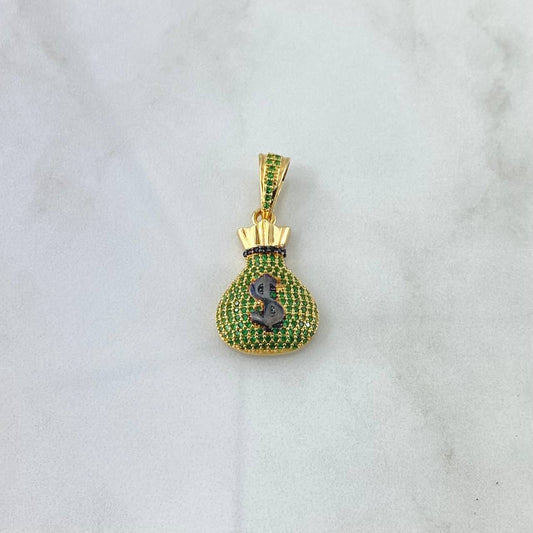 Pendant Money Bag 5gr / 3.3cm / Black Green Zircons 18K Yellow Gold