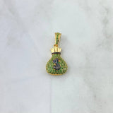Dije Bolsa De Dinero 5gr / 3.3cm / Circones Verdes Negros Oro Amarillo 18K
