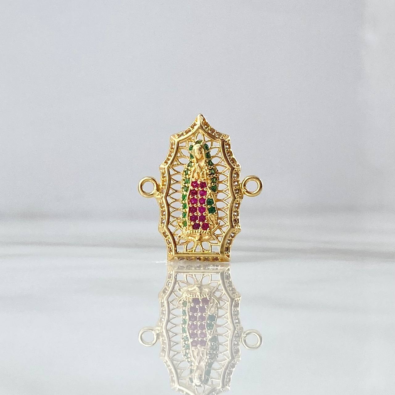 Charm Virgen Guadalupe 2.85gr / 2.3cm / Filigree White Green Fuchsia Zircons 18K Yellow Gold ©