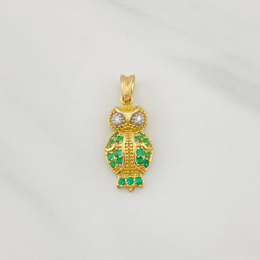 Pendant Owl Emeralds 17pts Diamonds 2pts 1.55g / 3/4 in Yellow Gold 18K
