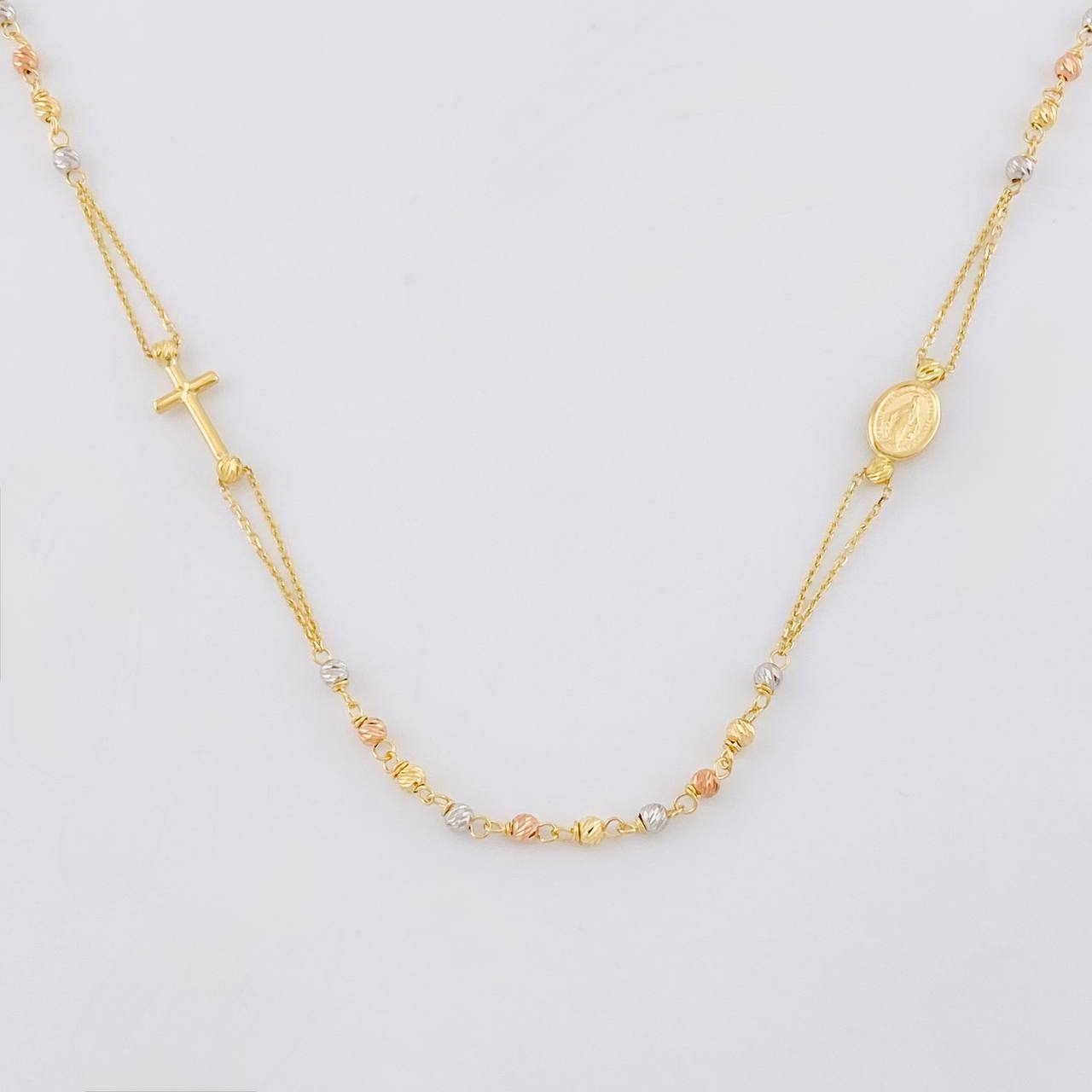 Plain Miraculous Virgin and Cross Rosary Chain 3.85g / 18 in / 2.4mm Three Golds 18K