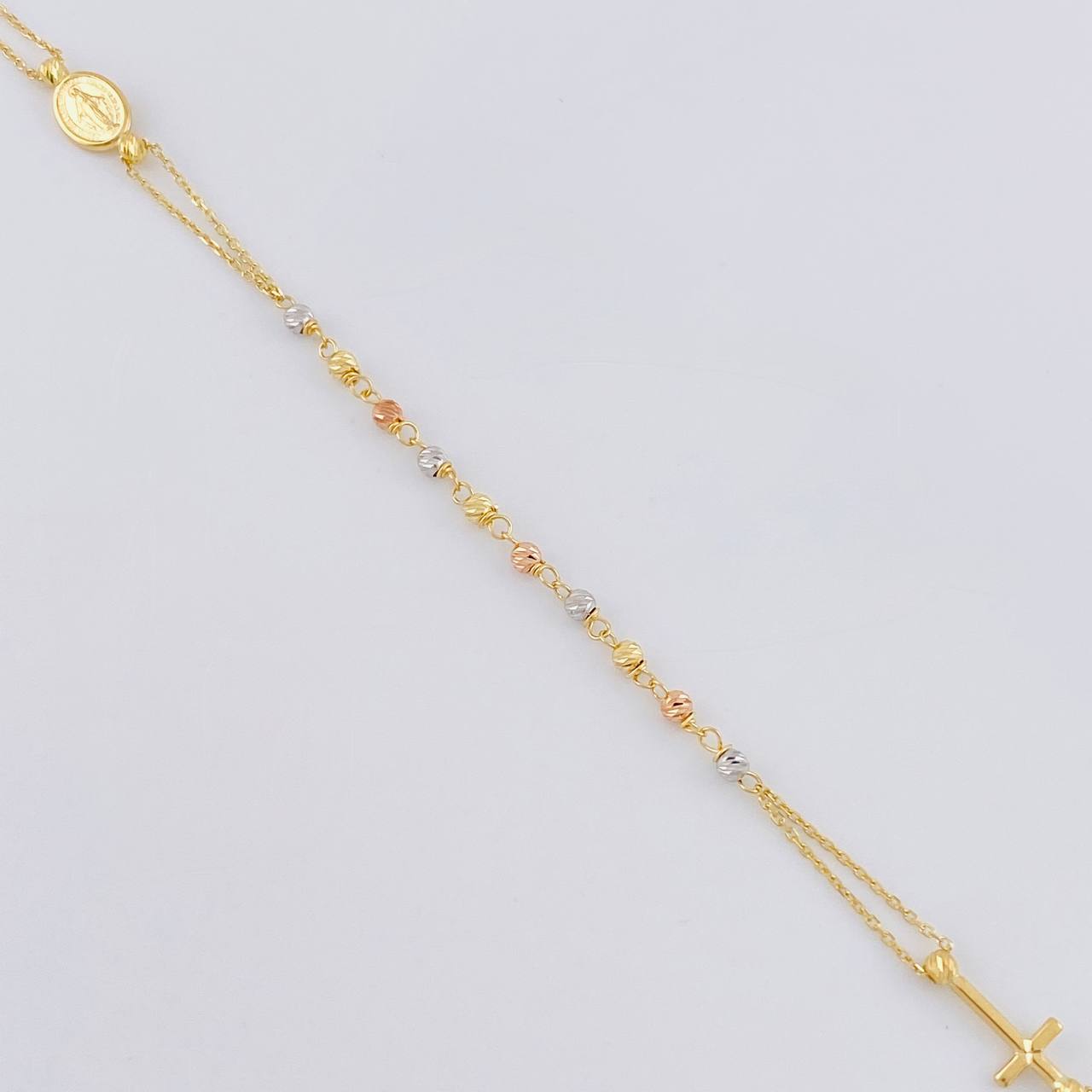Cadena Denario Virgen Milagrosa y Cruz Lisa 3.85g / 18 in / 2.4mm Tres Oros 18K