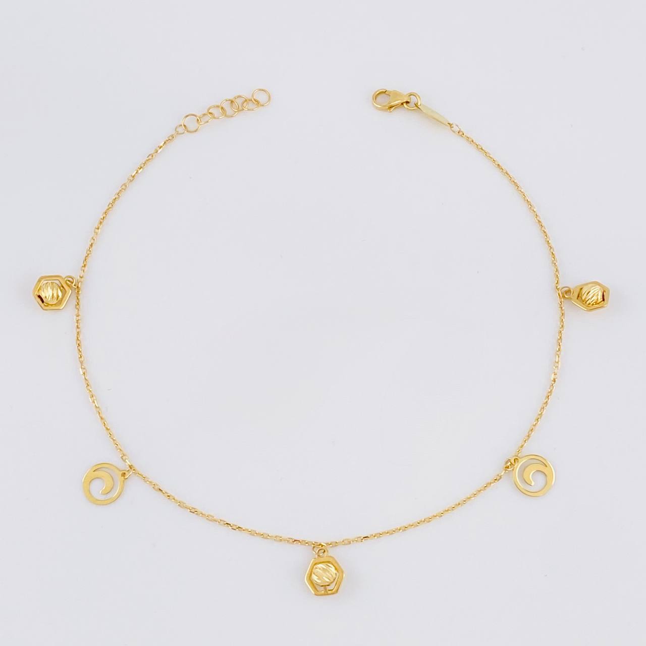 Tobillera Aro Seguido Hexagono Intercalado 2.4g / 9 1/2 in / 1mm Oro Amarillo 18K