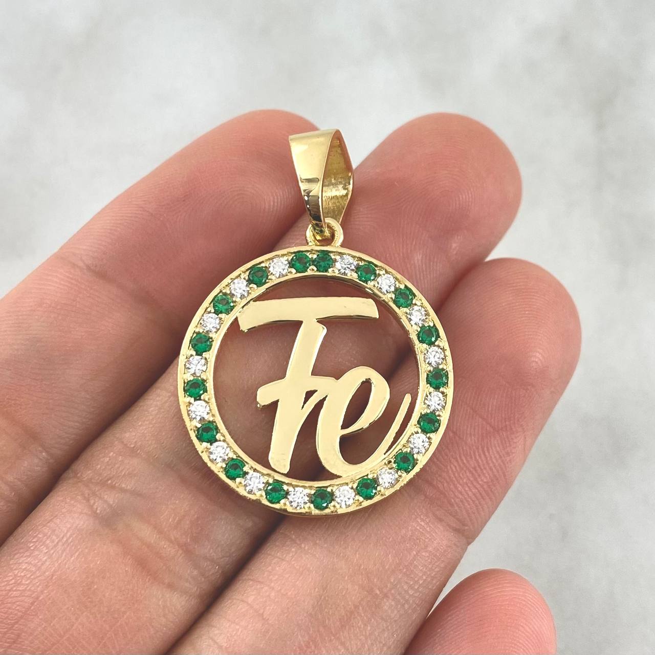 Custom Made to Order Pendant Personalized Hoop Earring 7gr / White and Green Zircons 18K Yellow Gold
