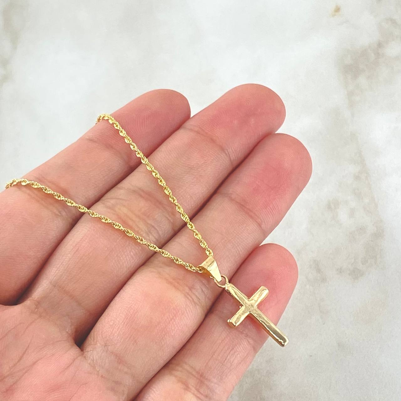 Set Cadena Lazo 1.15gr / 60cm / 1.2mm + Dije Crúz Lisa 0.5gr / 2.3cm / 1.65gr Oro Amarillo 18K (Oferta) ©