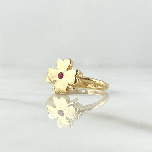 Anillo Trebol Liso 2.1gr / T7 / Circon Fucsia Oro Amarillo 18K