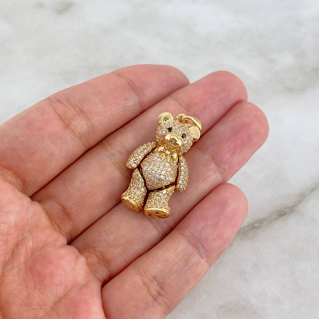 Pendant Articulated Bear Bow Tie 8.1gr / 3.5cm / White Zircons Black Eyes 18K Yellow Gold