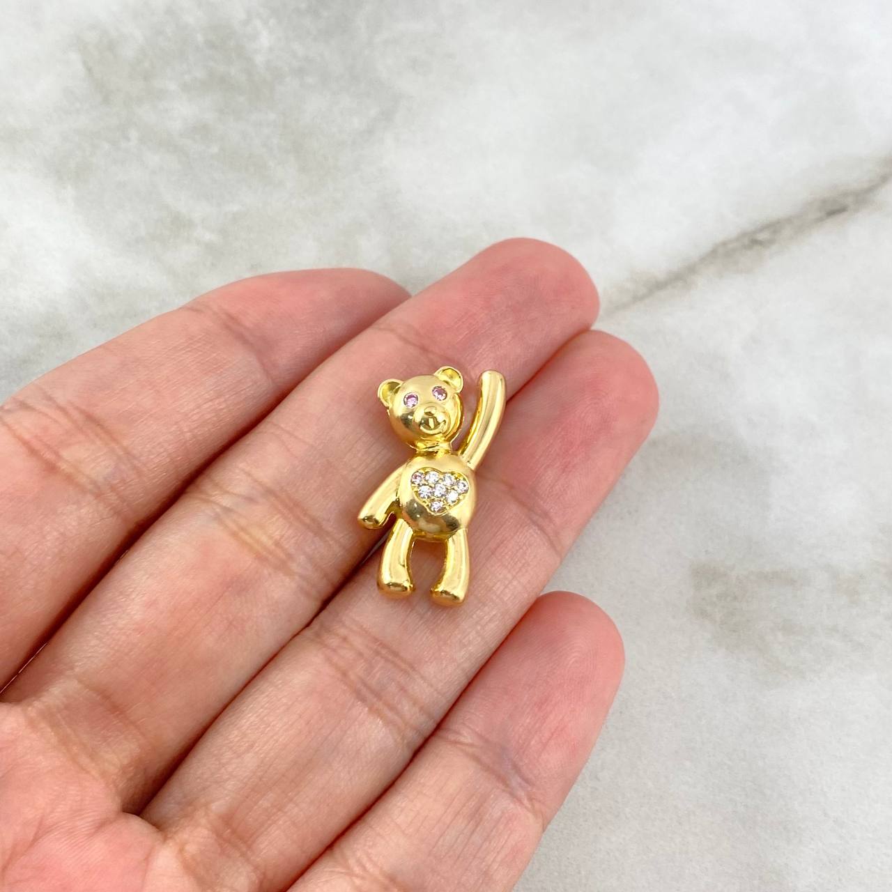 Pendant Heart Bear 4.45gr / 2.2cm / White Pink Zircons Yellow Gold