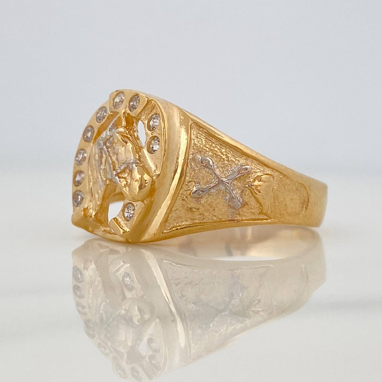 Horse Horseshoe Ring 5.45gr / T8 1/2 / Two Golds Yellow White 18K $