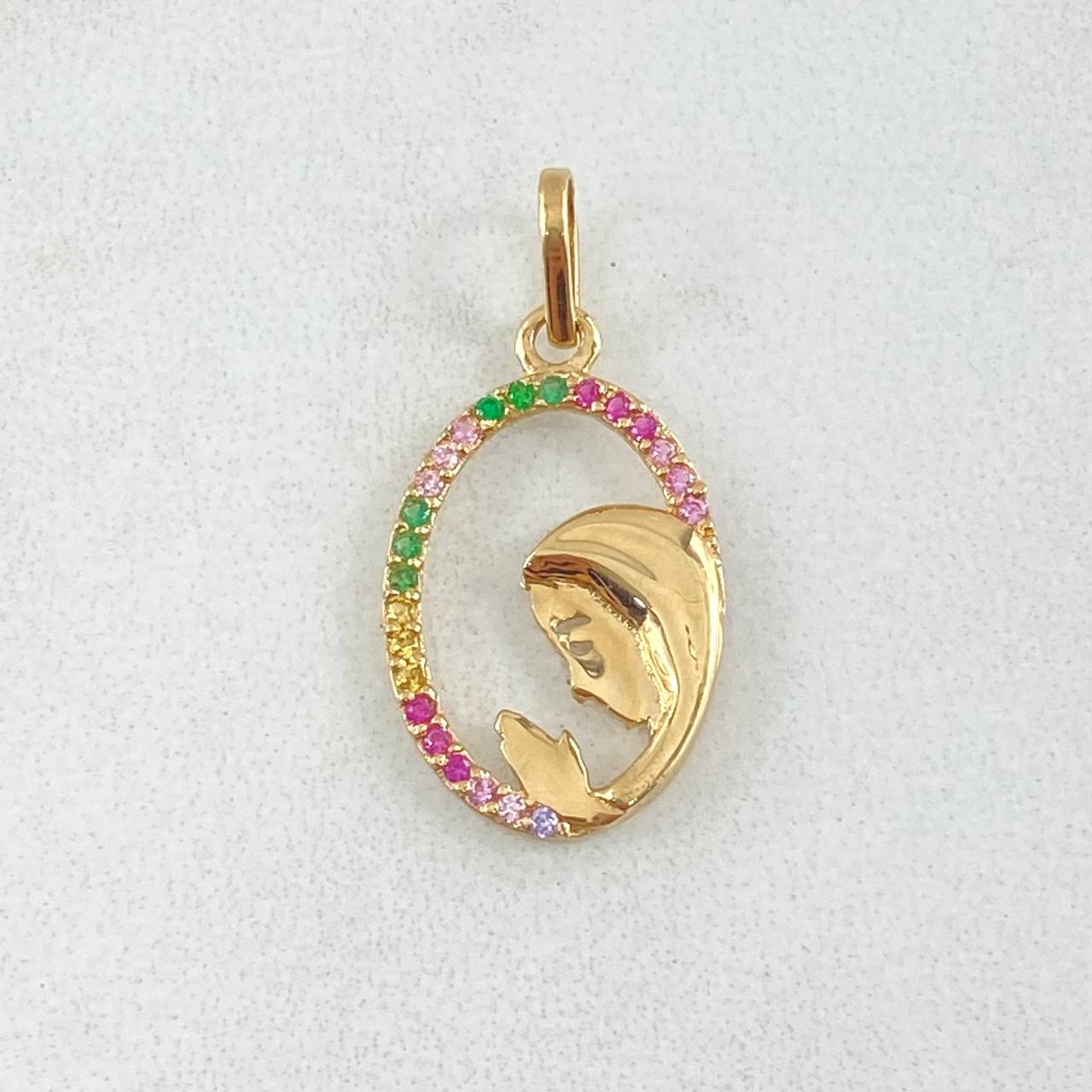 Dije Virgen Maria Circulo Floreado 1gr / 2.2cm / Circones Multicolor Oro Amarillo 18K *