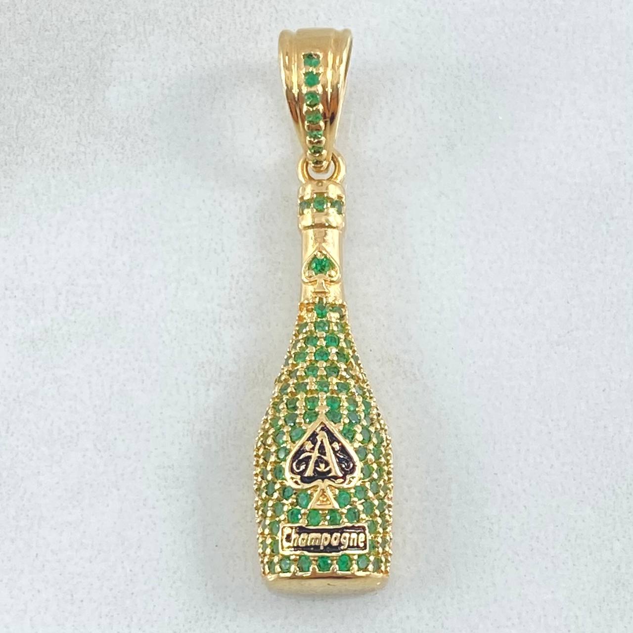 Dije Botella de Champagne 4.2gr / 3.5cm / Circones Verdes Oro Amarillo 18K *