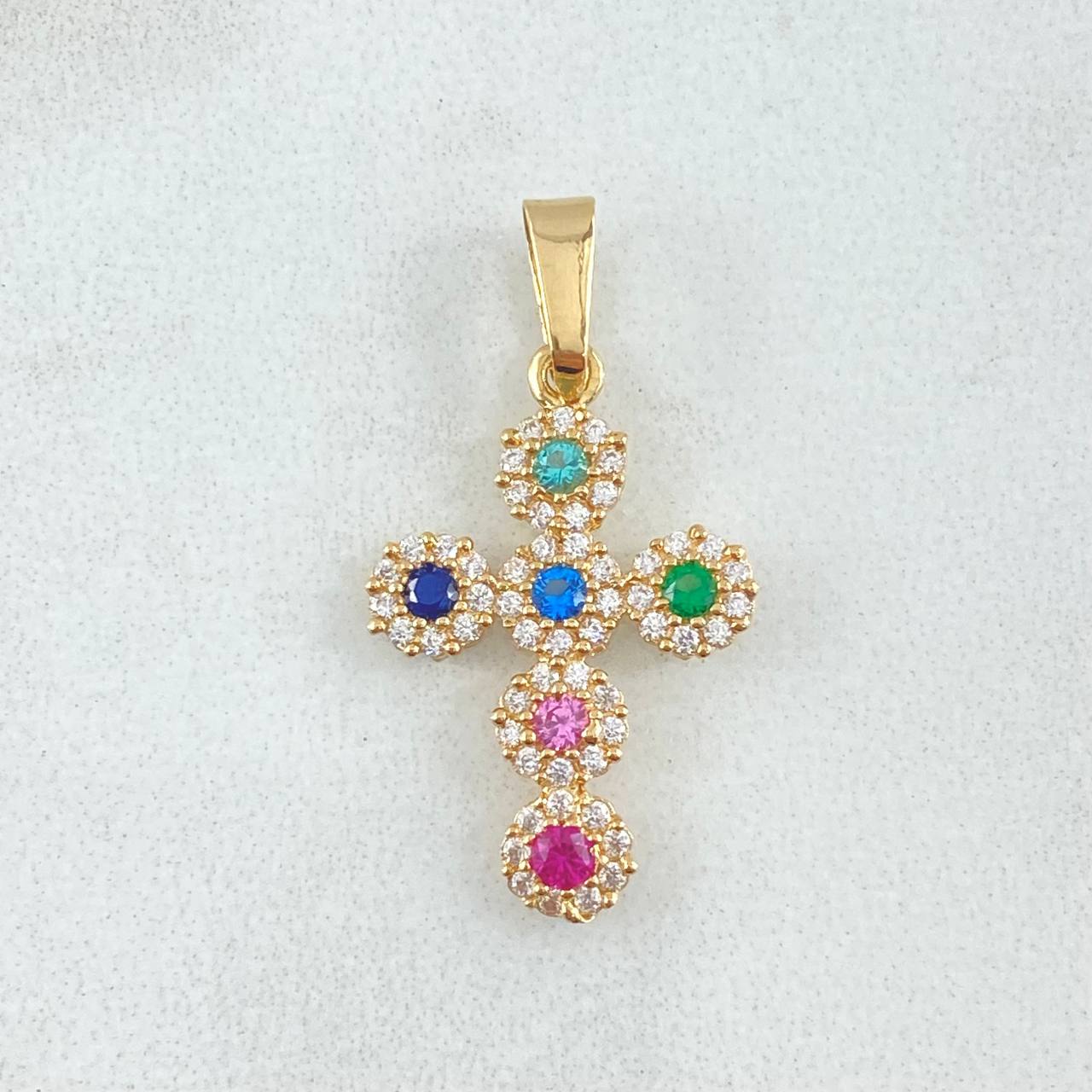 Dije Crúz Tupida 1.45gr / 2.5cm / Circones Multicolor Oro Amarillo 18K *