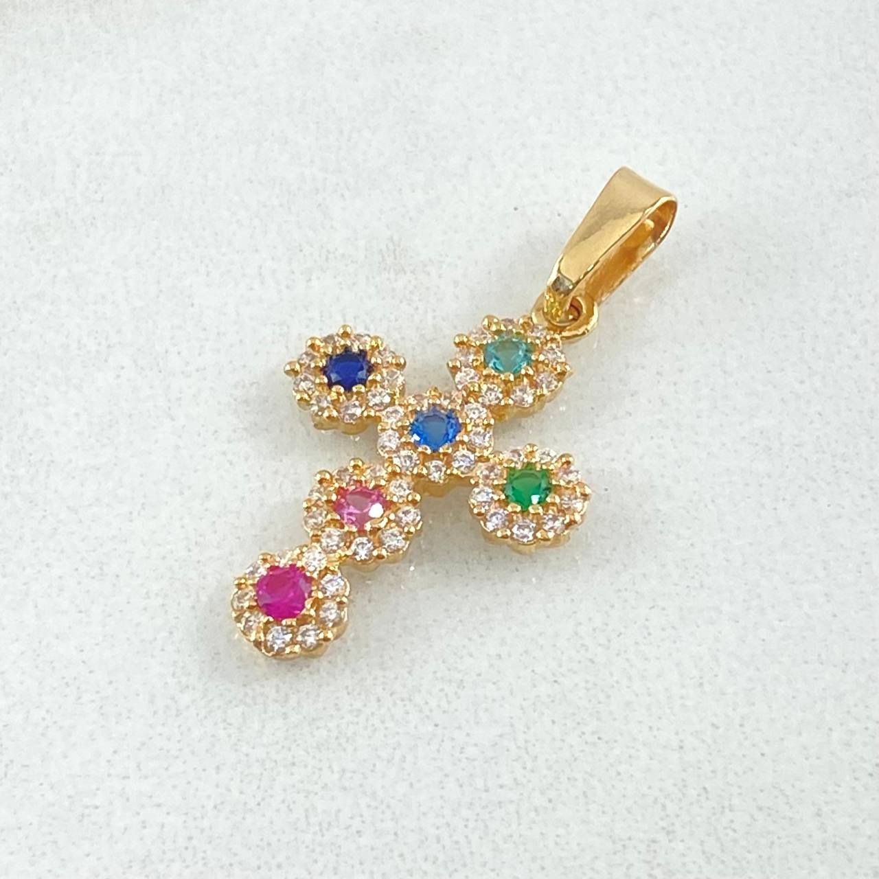 Dije Crúz Tupida 1.45gr / 2.5cm / Circones Multicolor Oro Amarillo 18K *