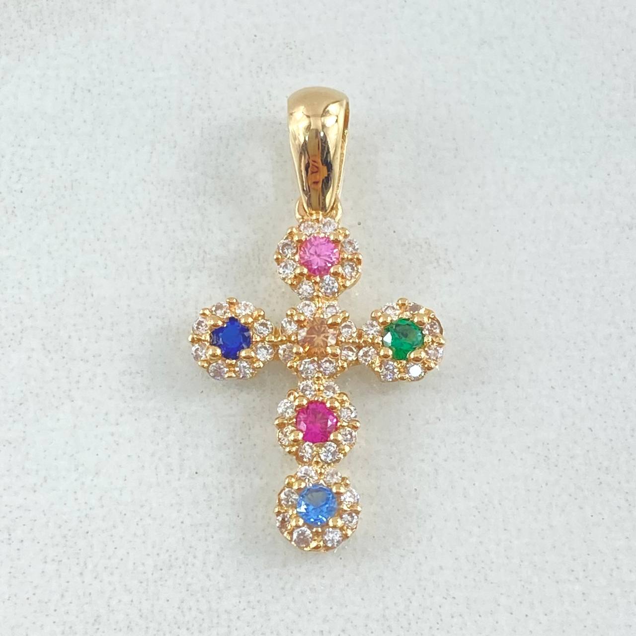 Dije Crúz Tupida 1.65gr / 2.3cm / Circones Multicolor Oro Amarillo 18K *