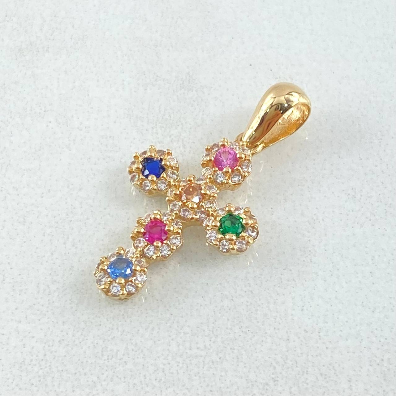 Dije Crúz Tupida 1.65gr / 2.3cm / Circones Multicolor Oro Amarillo 18K *