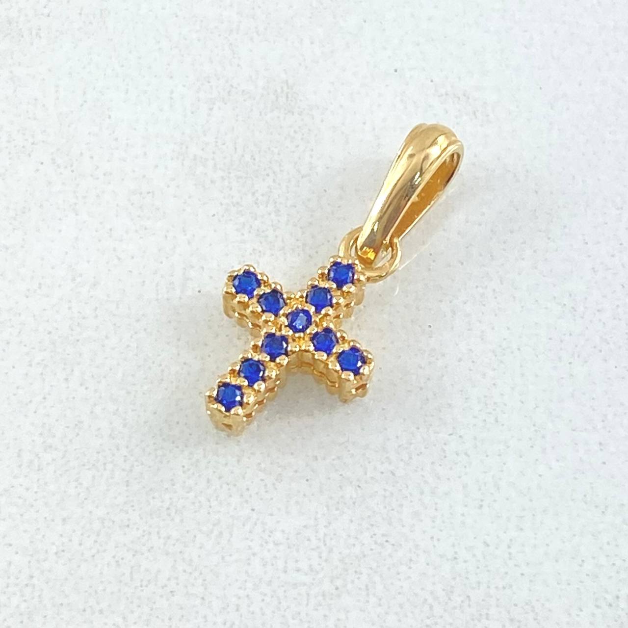 Pendant Double-sided Cross 1gr / 1.7cm (0.7in) / White and Blue Zircons 18K Yellow Gold *