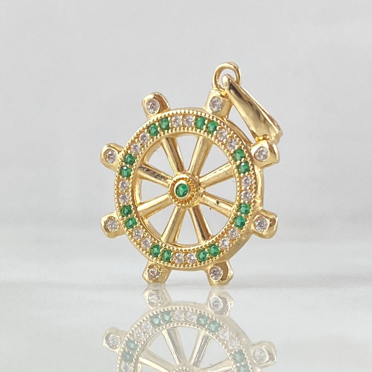 Pendant Ship's Wheel 2.15gr / 2.6cm (1.0in) / White and Green Zircons Yellow Gold 18K *