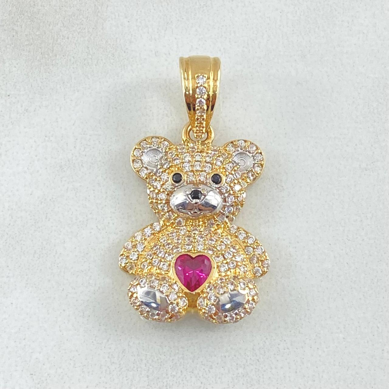 Dije Oso Corazón 6.2gr / 3cm / Circones Blancos Fucsia Dos Oros Amarillo Blanco 18K *