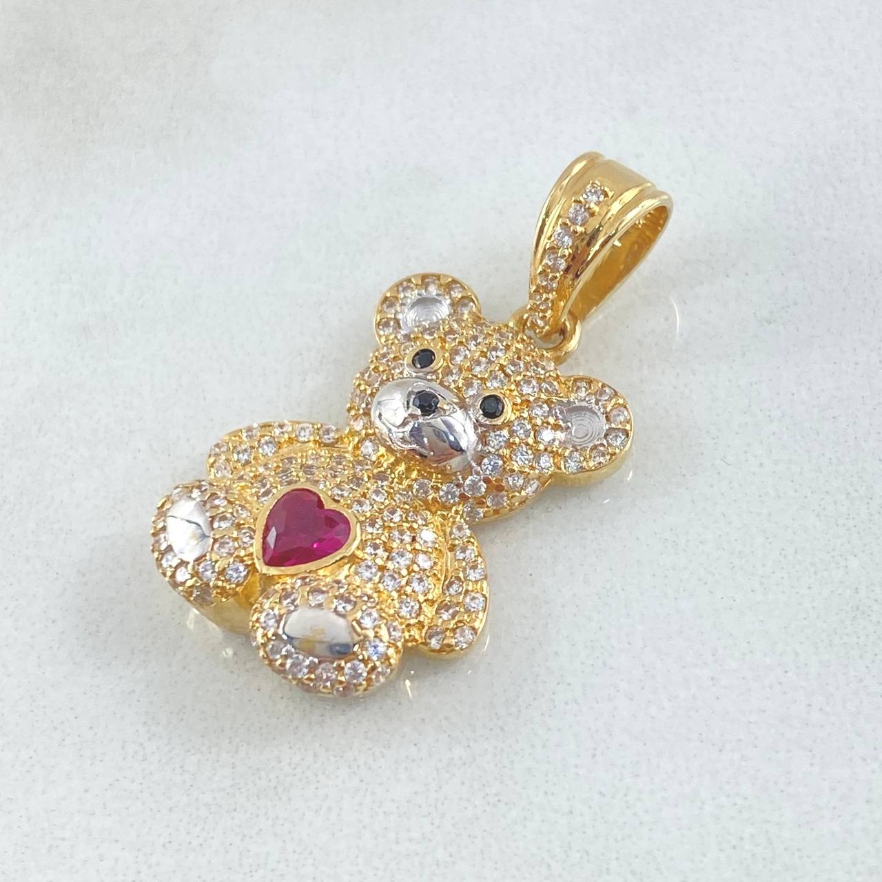 Dije Oso Corazón 6.2gr / 3cm / Circones Blancos Fucsia Dos Oros Amarillo Blanco 18K *