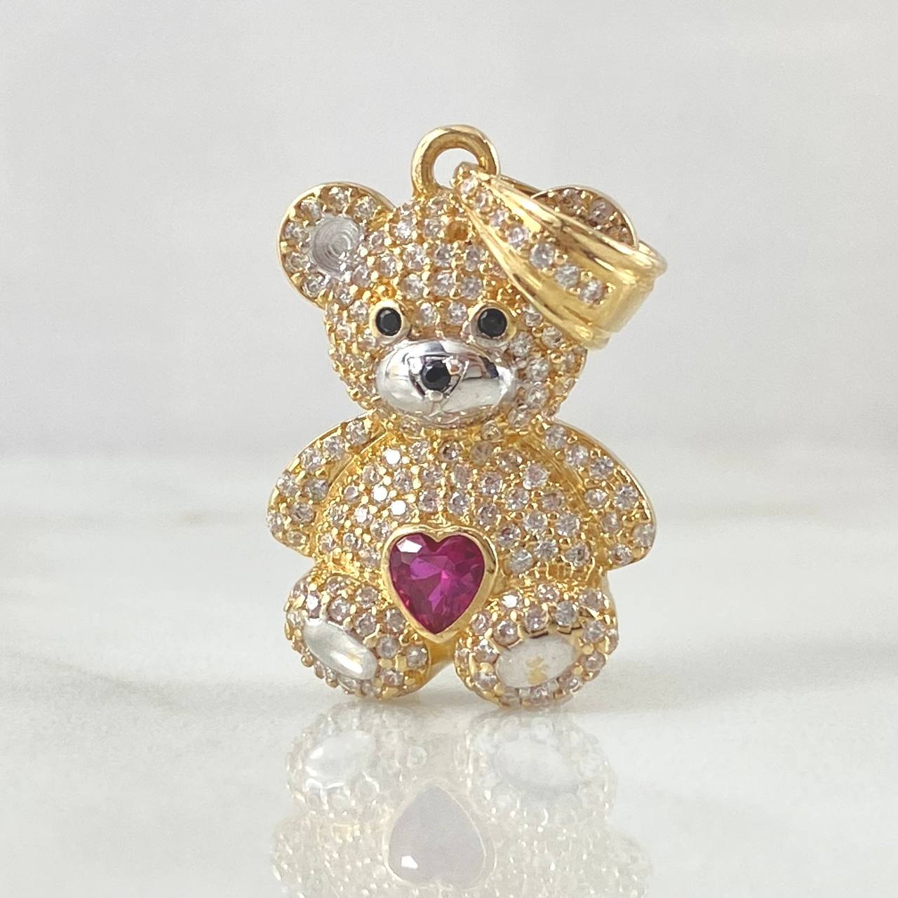 Dije Oso Corazón 6.2gr / 3cm / Circones Blancos Fucsia Dos Oros Amarillo Blanco 18K *