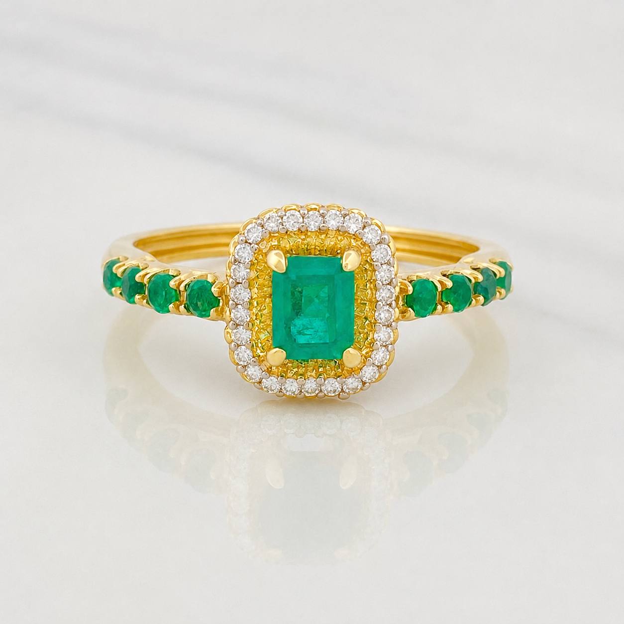 Square Halo Ring Diamonds 10pts Emeralds 20pts 3.6g / T6 3/4 Two Golds Yellow White 18K