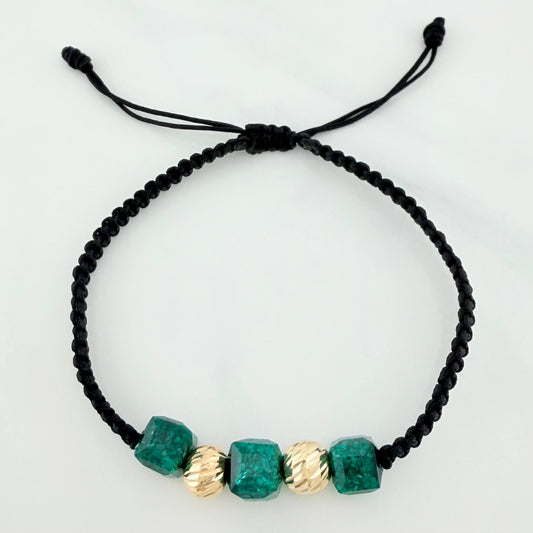 Pulsera Tejida Negra Morralla Esmeralda Cubica 3Und Bolas 2Und Oro Amarillo 18K