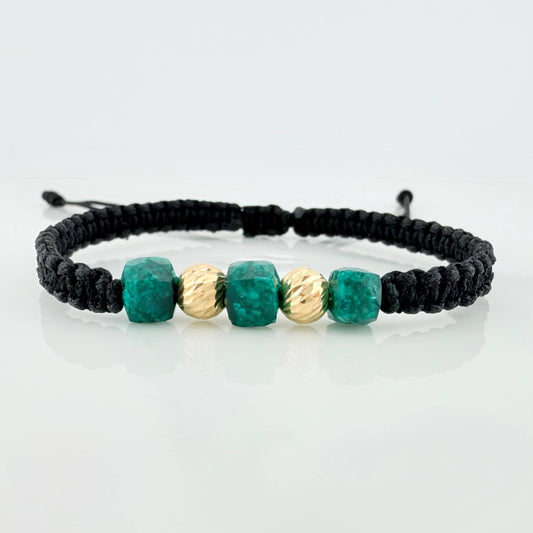 Pulsera Tejida Negra Morralla Esmeralda Cubica 3Und Bolas 2Und Oro Amarillo 18K