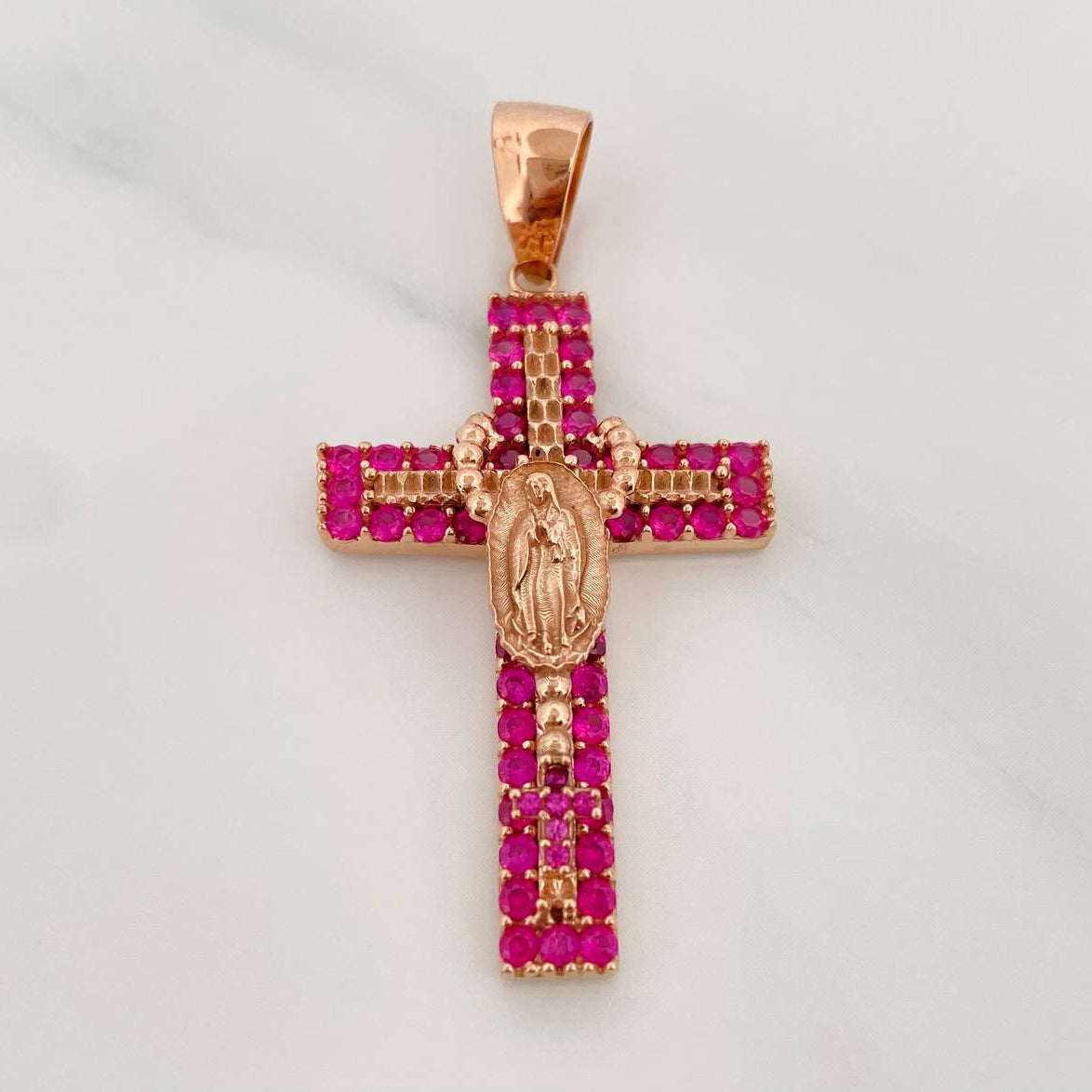 Dije Cruz Rosario Virgen Guadalupe 5.8gr / 1 3/4 in / Oro Rosa 18K $