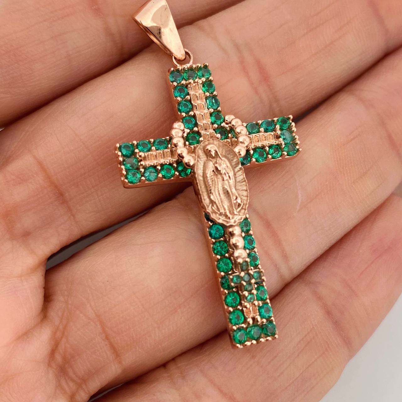 Dije Cruz Rosario Virgen Guadalupe 5.8gr / 1 3/4 in / Oro Rosa 18K $
