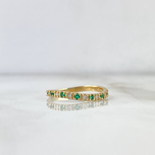 Curved Churumbela Ring 2.1gr / Size 8 / Emeralds 14pts - White Diamonds 12pts Yellow Gold (Jewel)