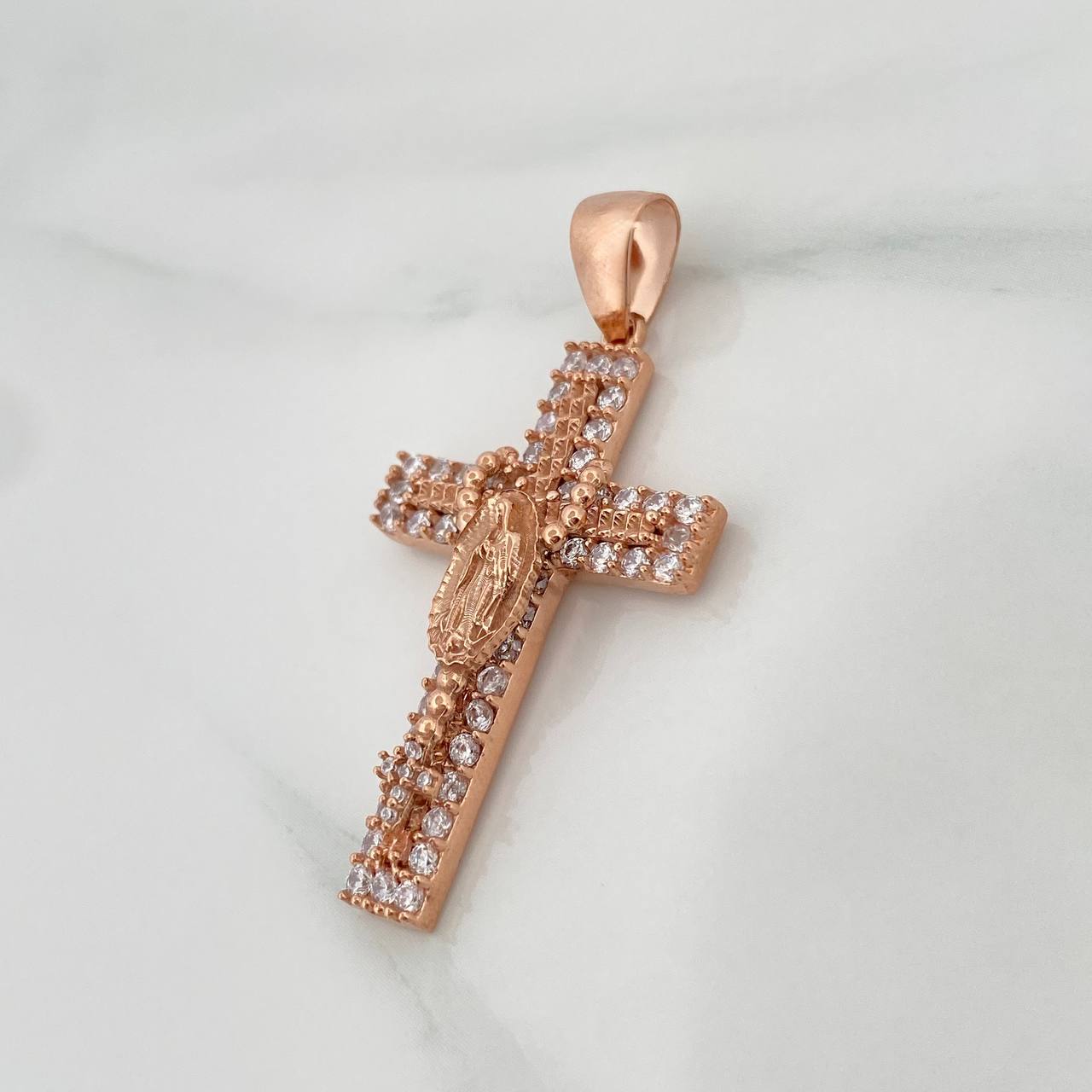 Dije Cruz Rosario Virgen Guadalupe 5.9gr / 1 3/4 in / Oro Rosa 18K $