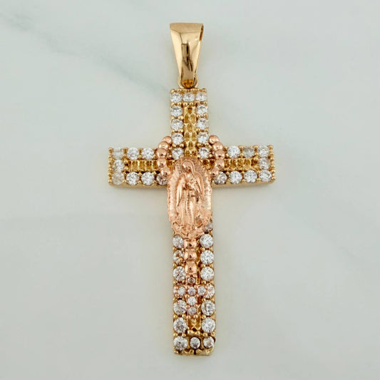Dije Cruz Rosario Virgen Guadalupe 6.1gr / 1 3/4 in / Dos Oros Amarillo Rosa 18K $